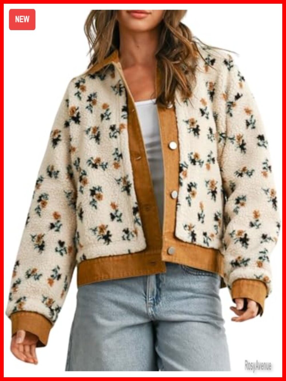 Women's Floral Fleece Sherpa Jacket Open Front Denim Collar Oversized with
